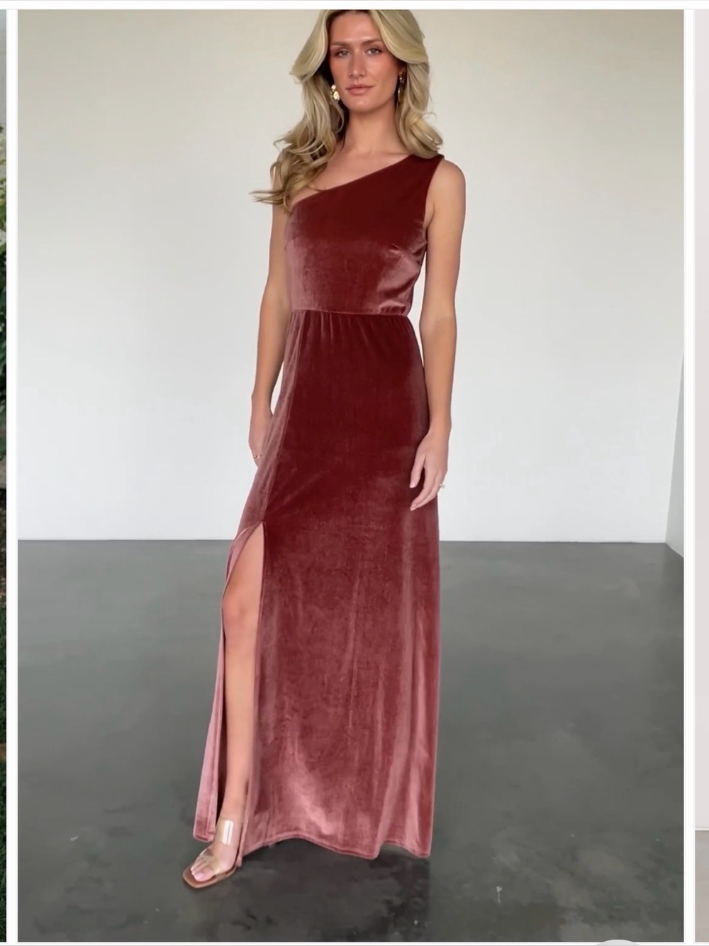 Baltic Born One Shoulder Rose Copper Velvet Floor Length Maxi Dress with Slit S